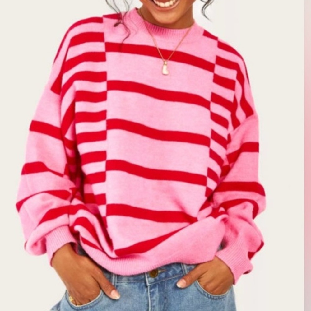 Pink stripe bubble sleeve drop shoulder sweater